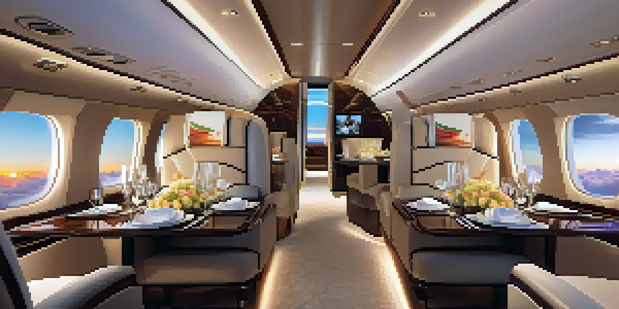 An elegant private jet cabin with flowers and ambient lighting, featuring plush seats and gourmet dining, with a sunset view from the windows.