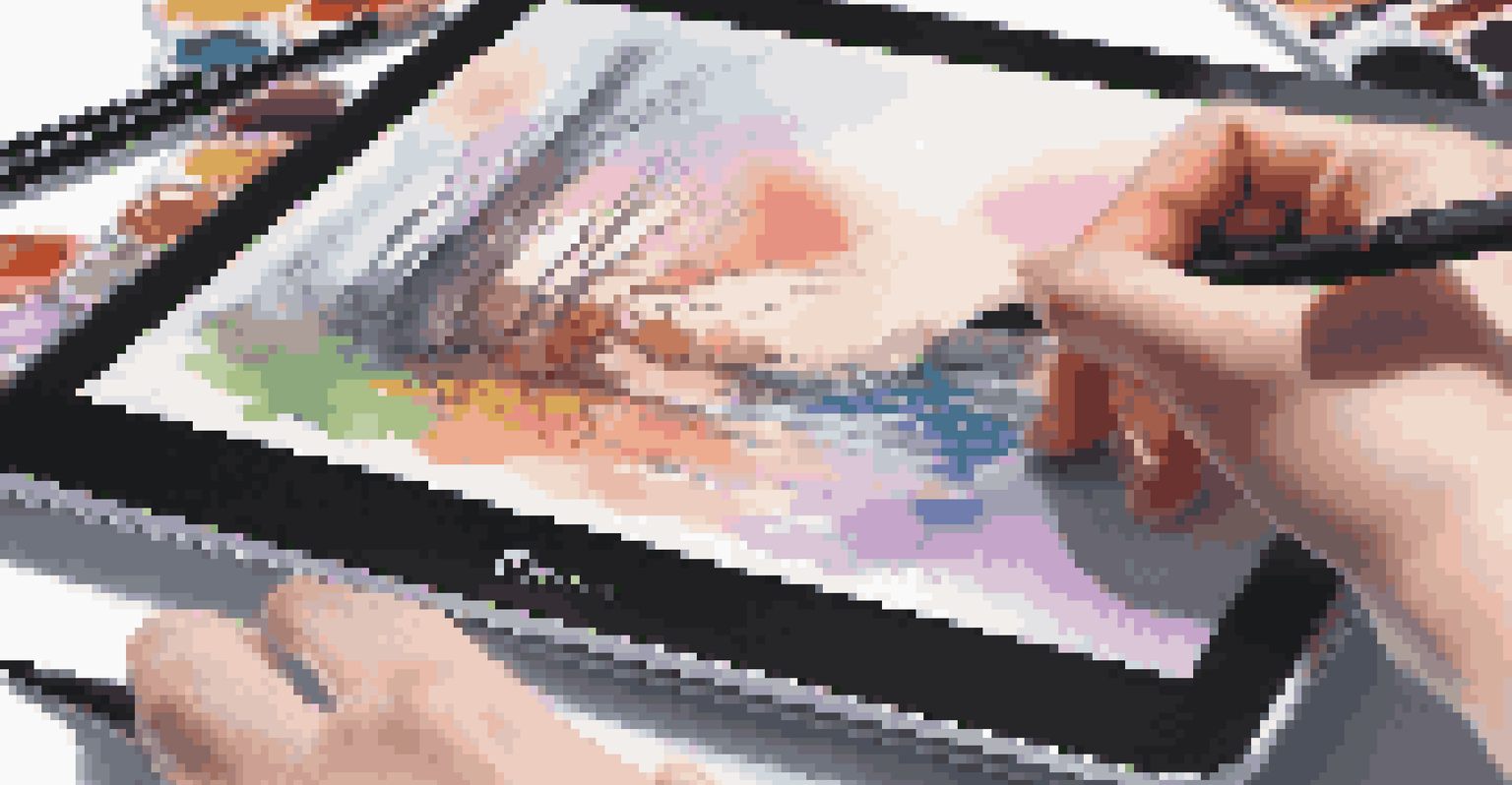 A close-up of a digital tablet with an artist's hands creating a vibrant digital painting, surrounded by art supplies.