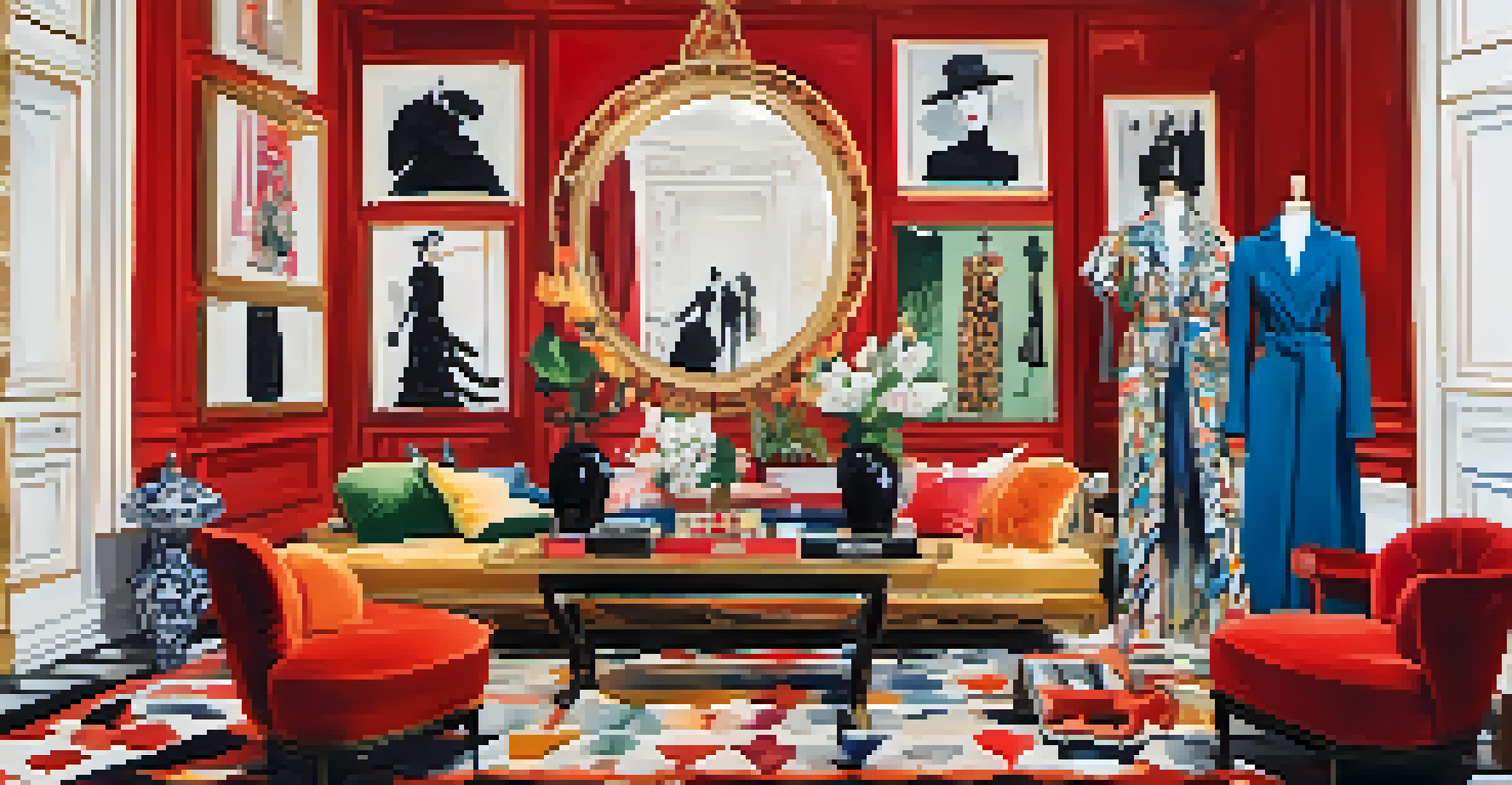 A close-up of a curated fashion display with bold prints and vibrant fabrics, inspired by Diana Vreeland's luxurious style.