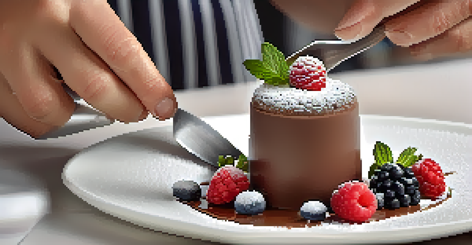 A close-up of a chef's hands arranging a chocolate mousse dessert with berries on a white plate in a busy kitchen.