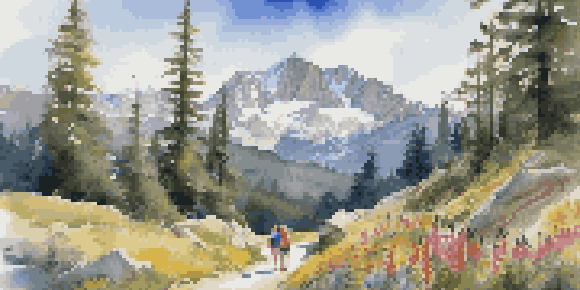 A family hiking in a picturesque mountain resort, surrounded by wildflowers and pine trees with mountains in the background.