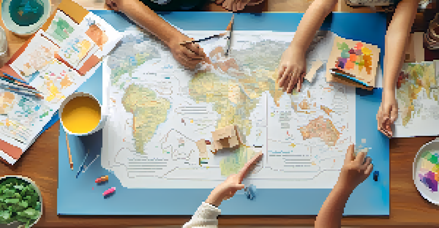 A close-up view of a family's hands working together on a colorful goal map, symbolizing collaboration and shared aspirations.