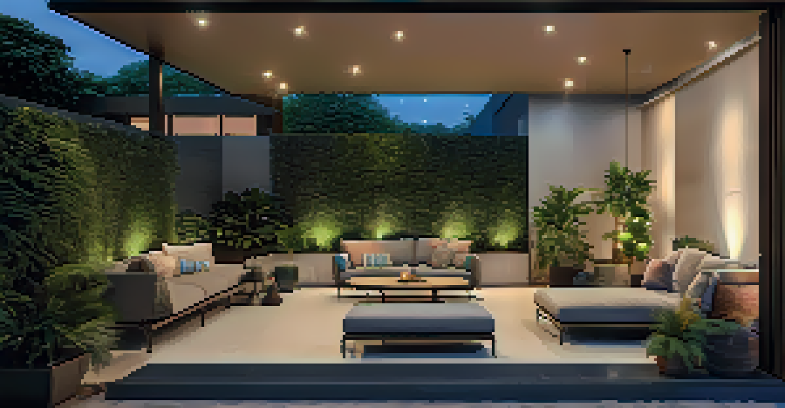 A modern patio with smart lighting and colorful fixtures, set against a starry night sky.