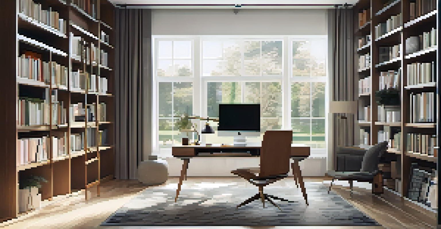 A stylish home office with a sleek desk featuring hidden storage, floor-to-ceiling bookshelves filled with books, and abundant natural light.