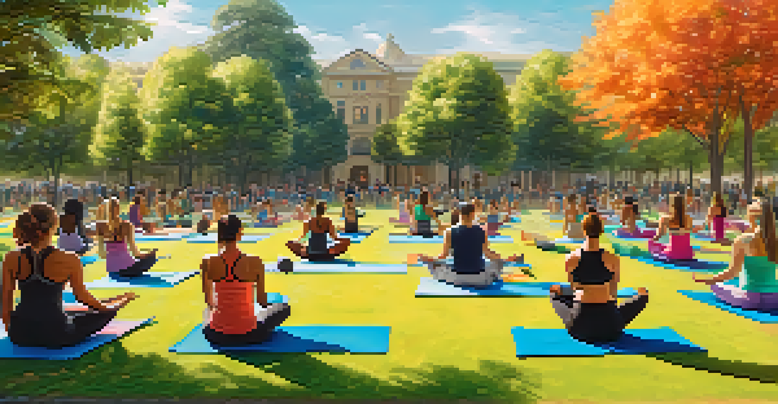 An outdoor fitness class in a luxurious park with diverse participants and an energetic instructor, surrounded by greenery and colorful yoga mats.