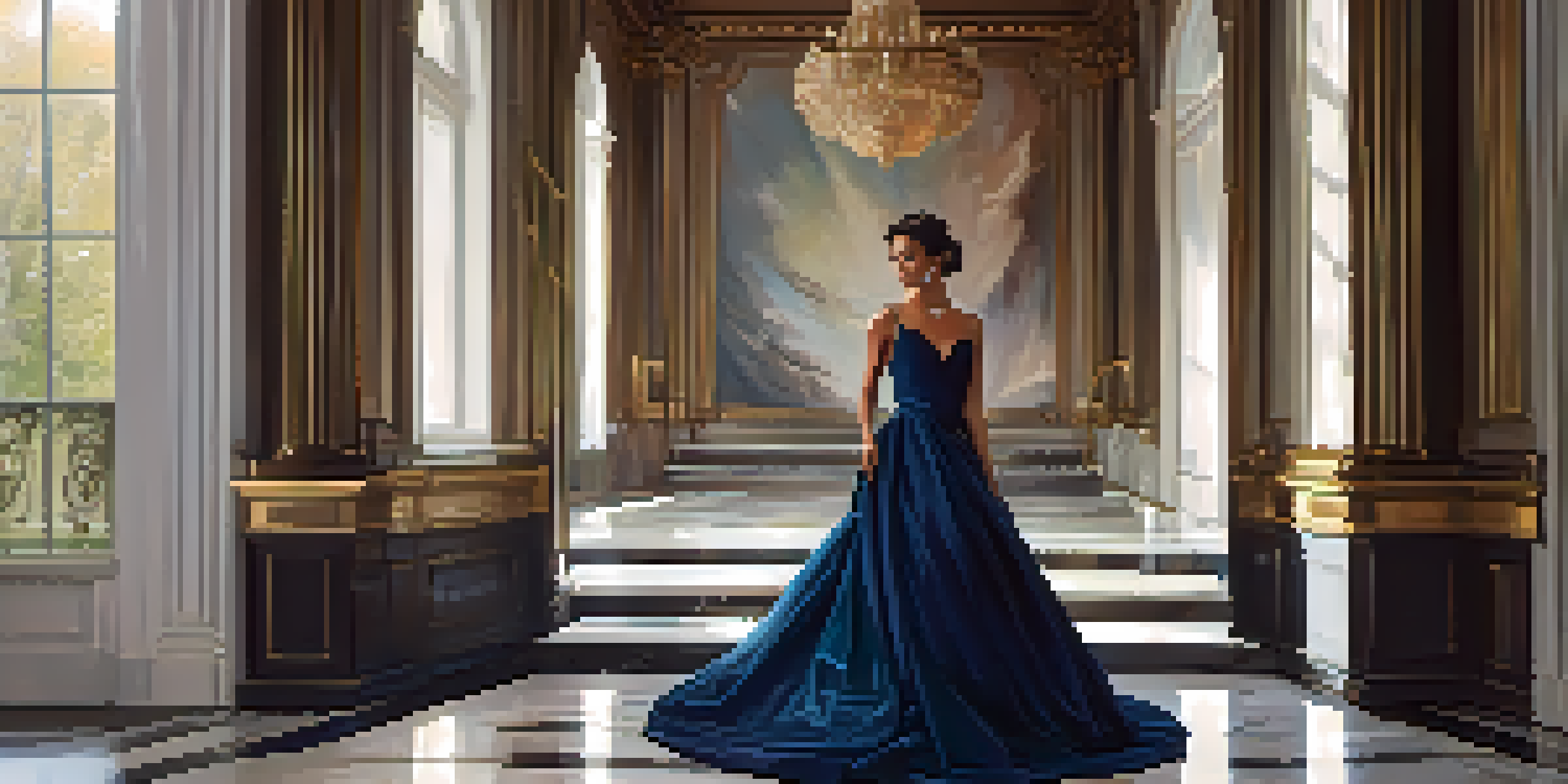 A model in an elegant evening gown poses on a marble staircase in a luxurious mansion, illuminated by soft natural light.