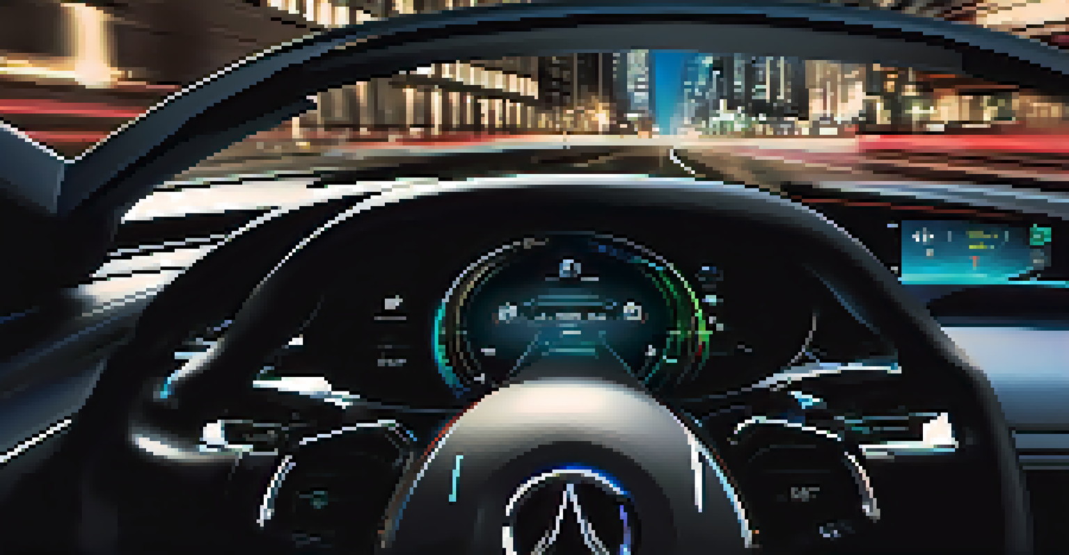 A modern car dashboard showing a heads-up display with navigation and speed information on the windshield.