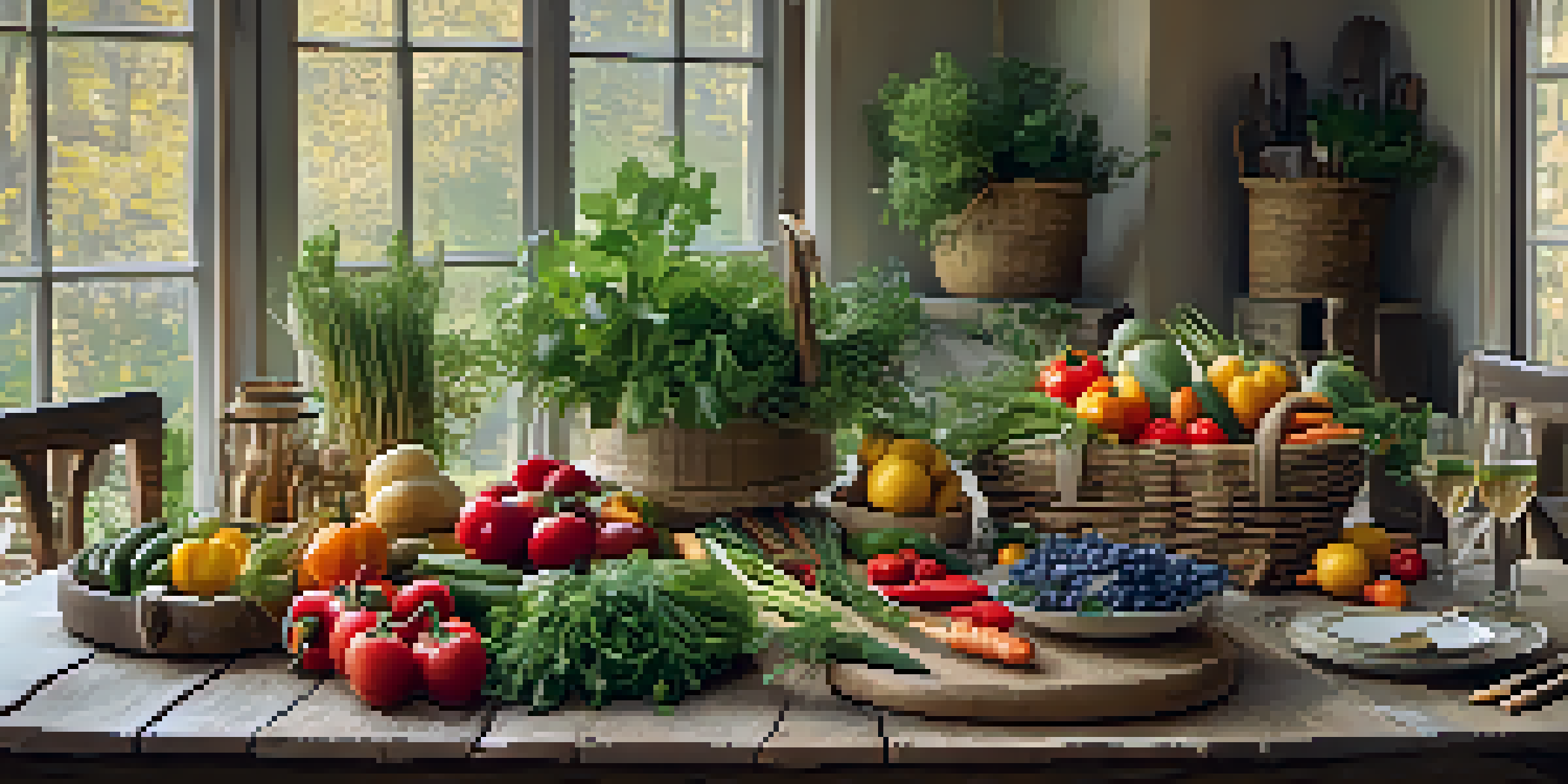 A rustic table filled with seasonal vegetables and herbs, surrounded by trees under warm sunlight.