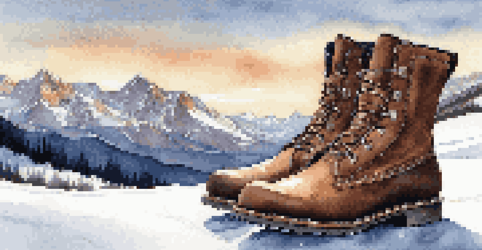 Stylish waterproof boots in a snowy alpine landscape with mountains in the background during sunset.