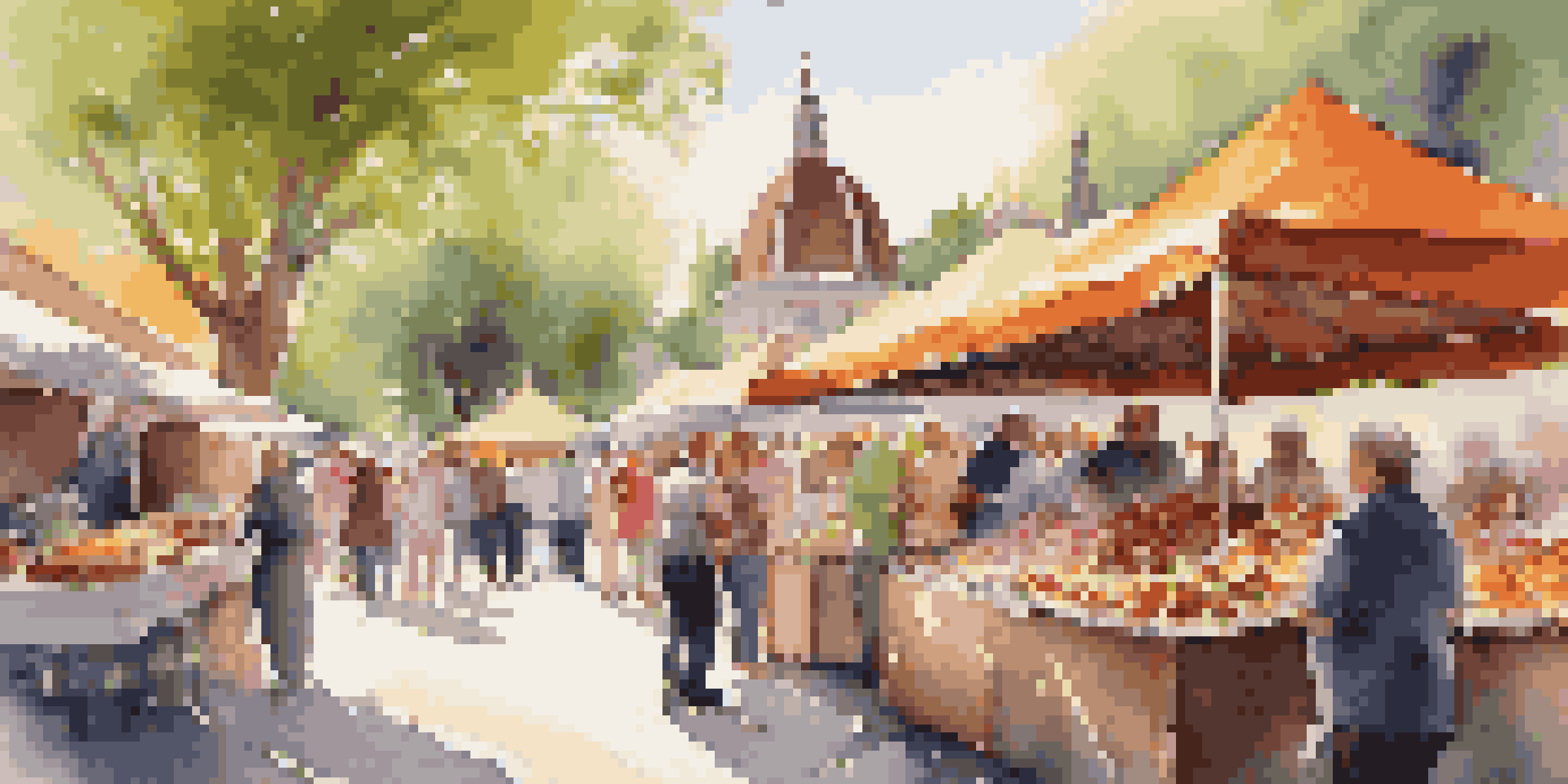 An open-air market with colorful stalls filled with gourmet desserts, including pastries and gelato, with sunlight filtering through the trees.