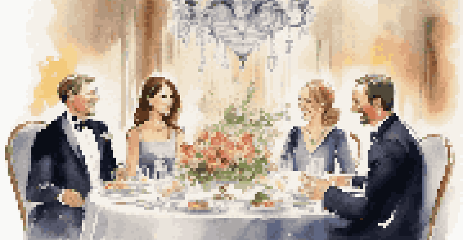A family enjoying a luxurious dinner at a fine restaurant, surrounded by elegant decor and a chandelier.