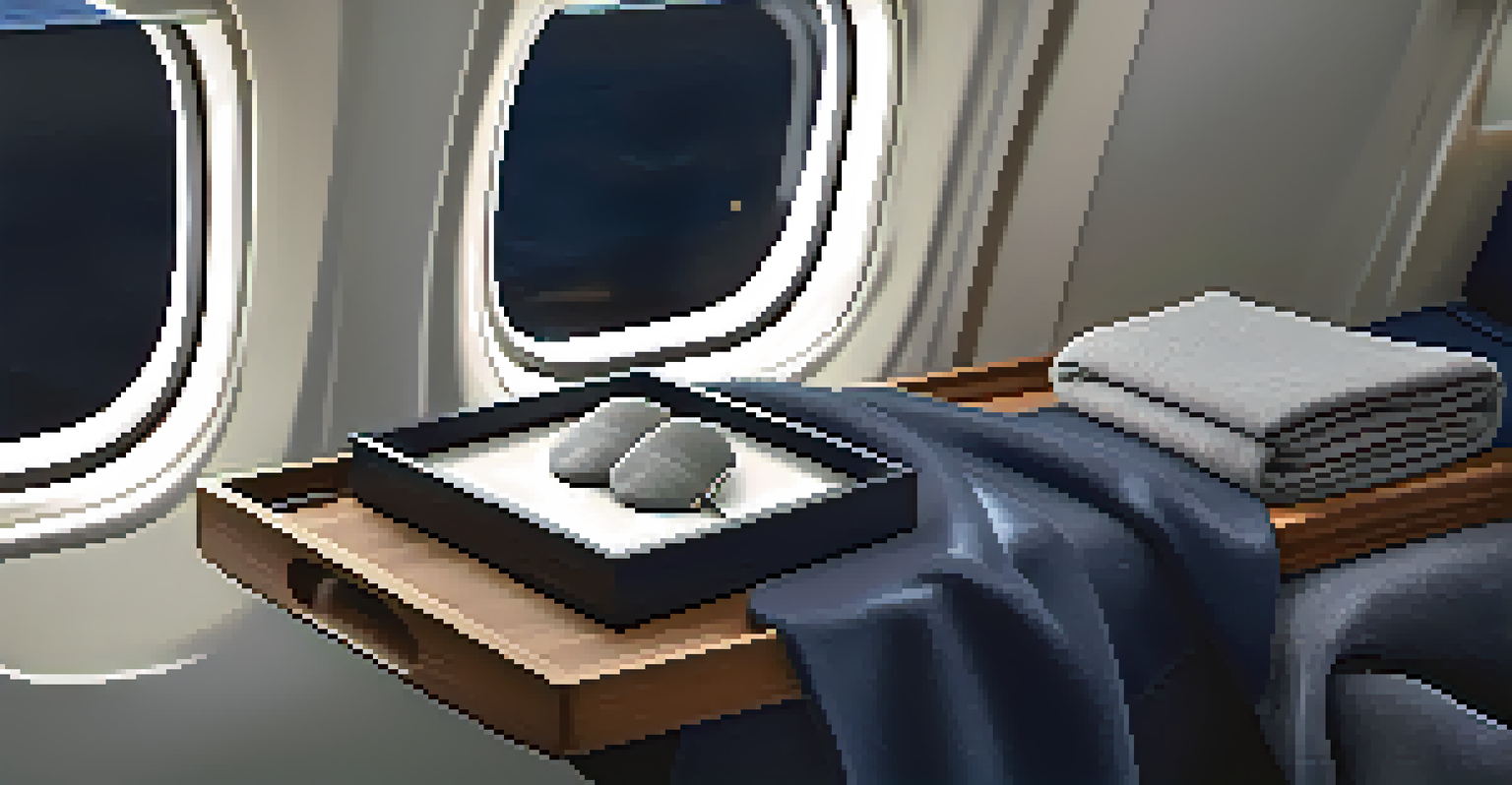 A silk sleep mask and cashmere travel blanket arranged on an airplane tray table, with soft lighting creating a cozy atmosphere.