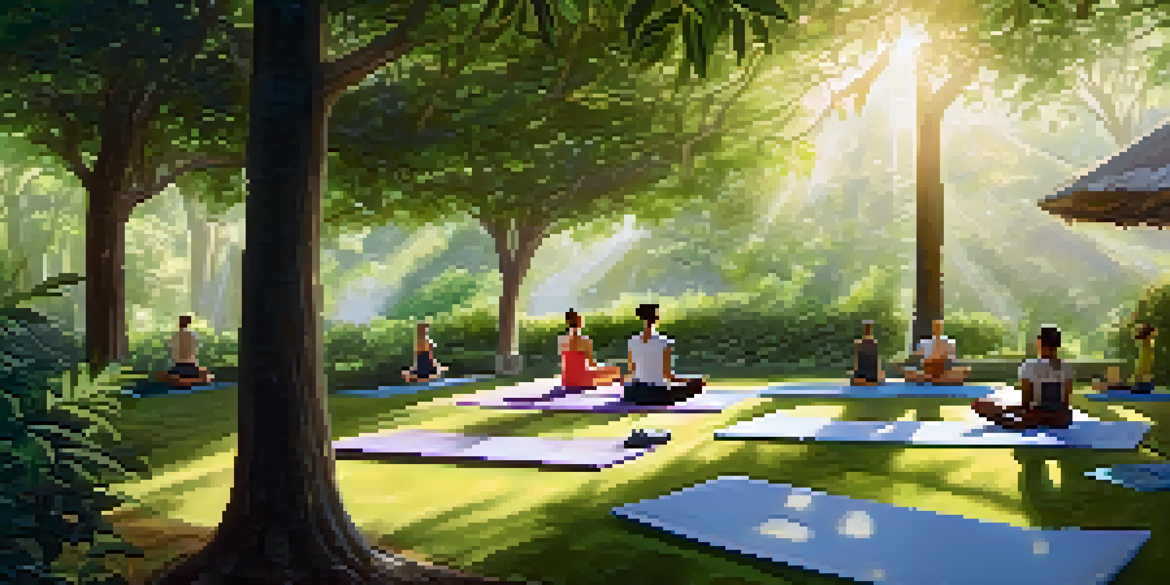 A group of people practicing yoga in a peaceful outdoor setting surrounded by greenery and trees, with sunlight filtering through.