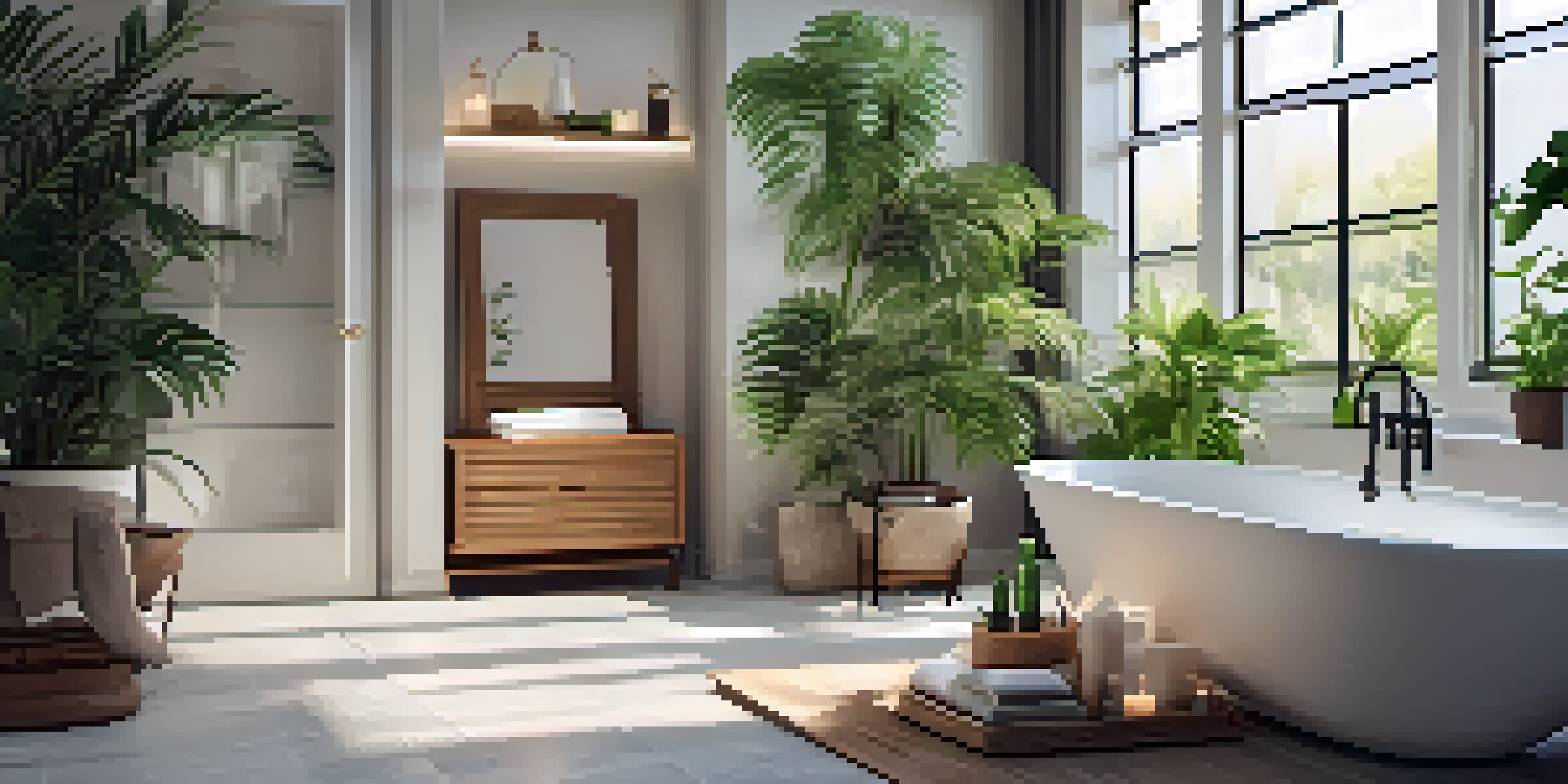 A peaceful bathroom with a freestanding bathtub, surrounded by plants, candles, and soft lighting.
