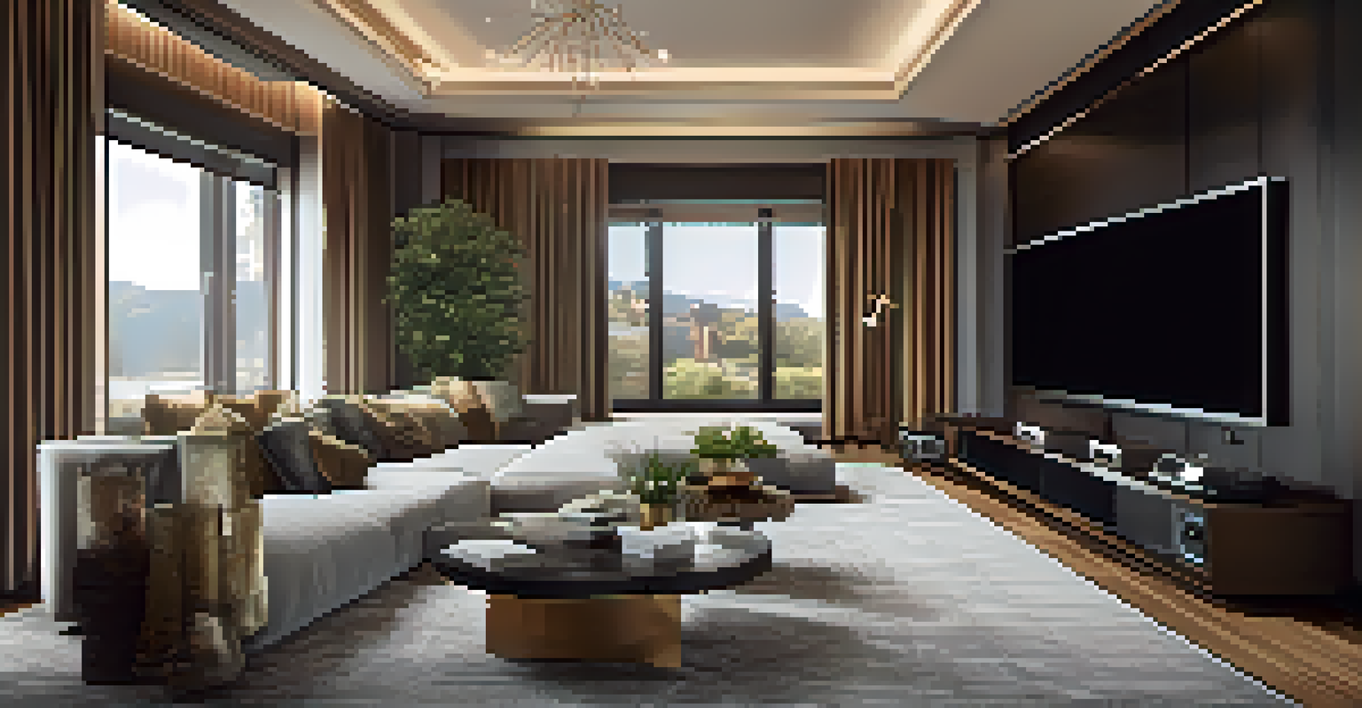 An elegant living room with a modern home theater setup and streaming device.