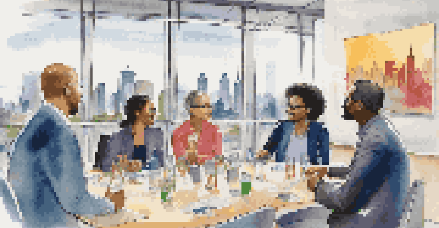 A diverse group of professionals discussing ideas at a networking event in a modern conference room.