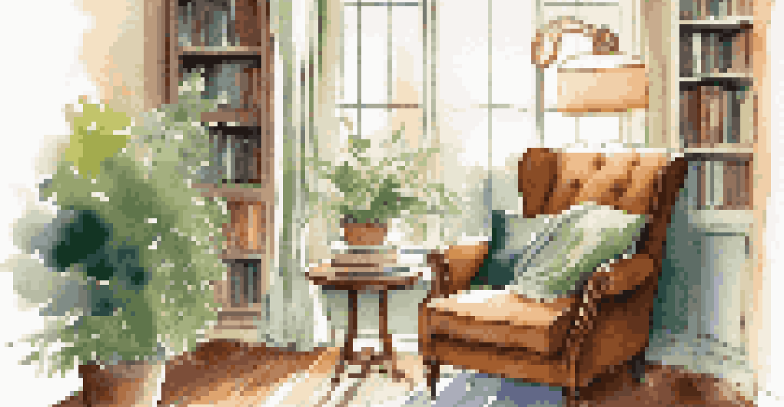 A cozy reading nook with an armchair, coffee, and plants by a window.