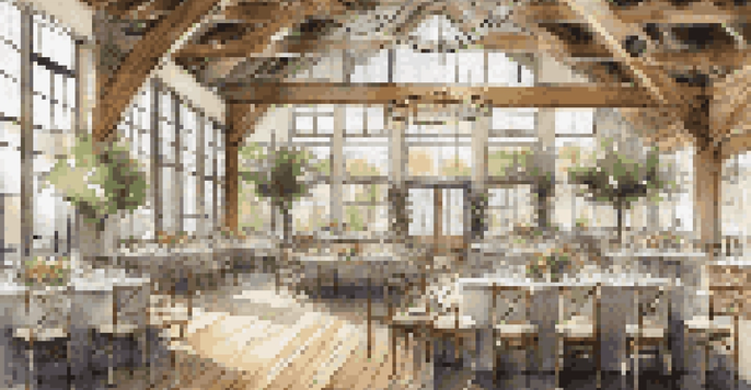 An elegant event space with sustainable design, including reclaimed wood and plants, illuminated by natural light.