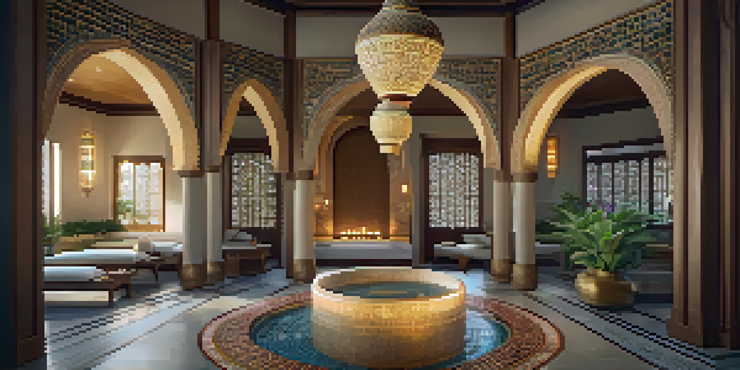 A tranquil spa room with traditional Uzbek design, featuring a hammam area and soothing natural elements.