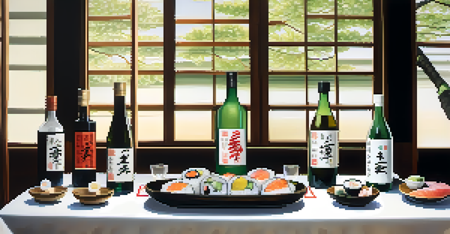 An elegant sake tasting setup with sake bottles, tasting cups, and fresh sushi on a wooden table, enhanced by natural light.