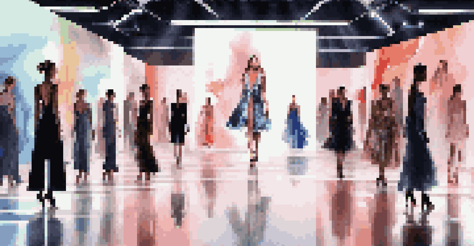 A fashion runway with models showcasing elegant garments, surrounded by large digital screens displaying vibrant animations.