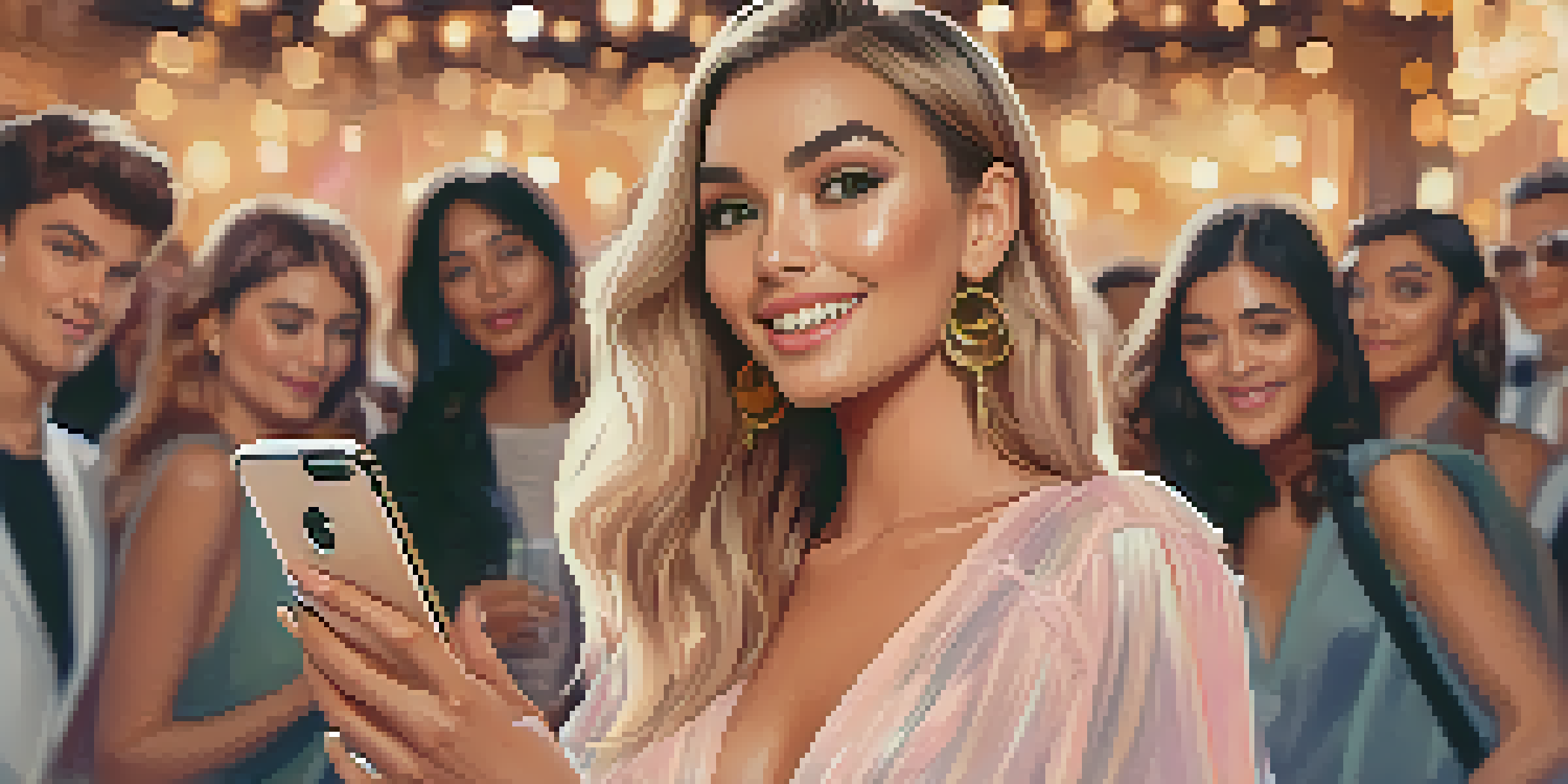 A fashion influencer smiling while taking a selfie, surrounded by stylish attendees and a beautifully decorated event venue.