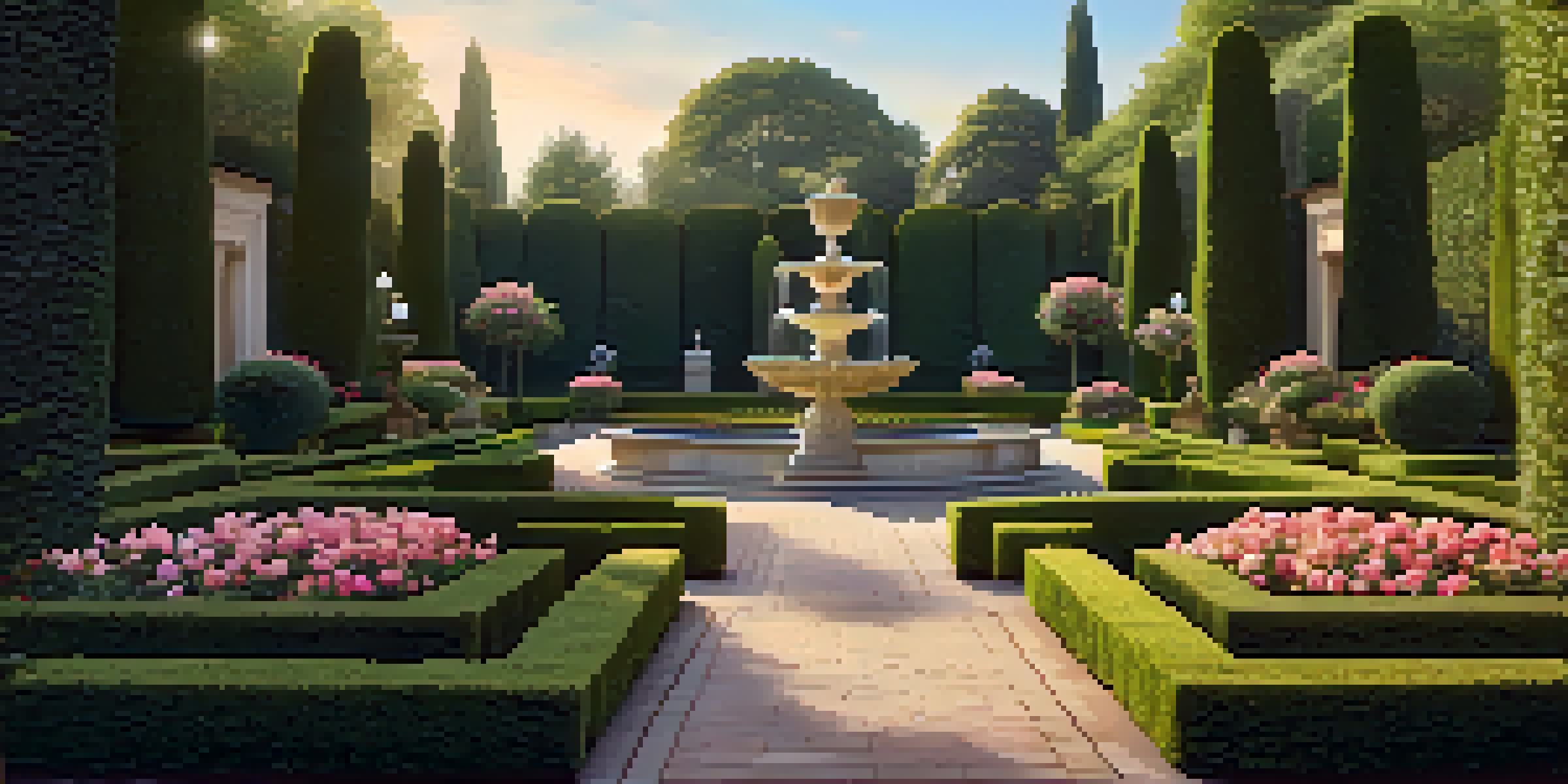 A beautifully arranged classic garden with manicured hedges, symmetrical flower beds, and a grand fountain surrounded by roses and boxwoods, illuminated by golden hour light.
