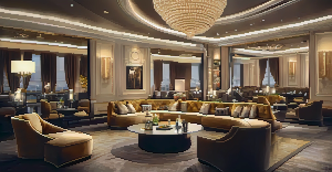 A luxurious VIP lounge with plush seating and elegantly arranged gourmet food and drinks.