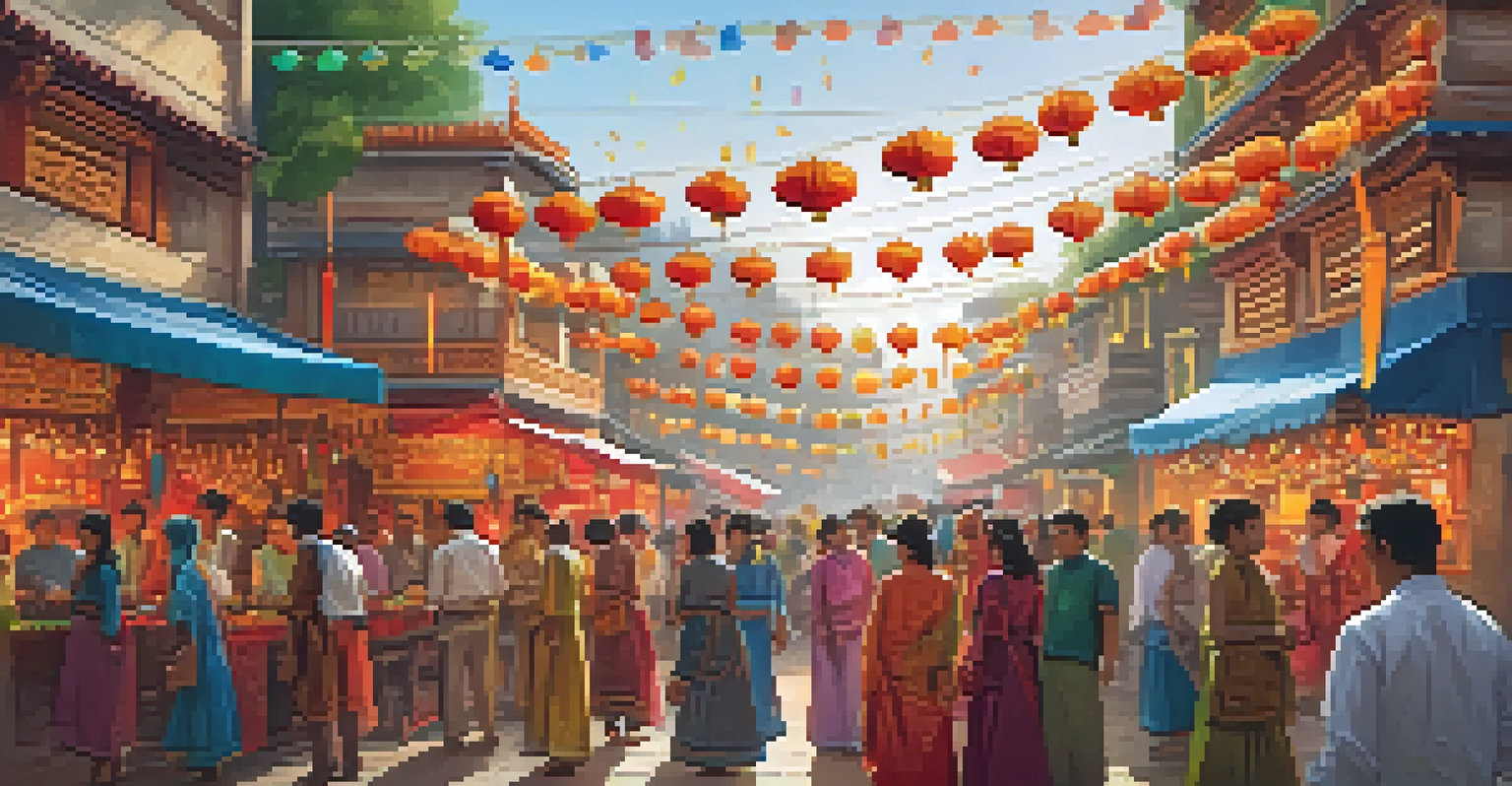 A lively street filled with colorful decorations and people in traditional attire during a local festival.