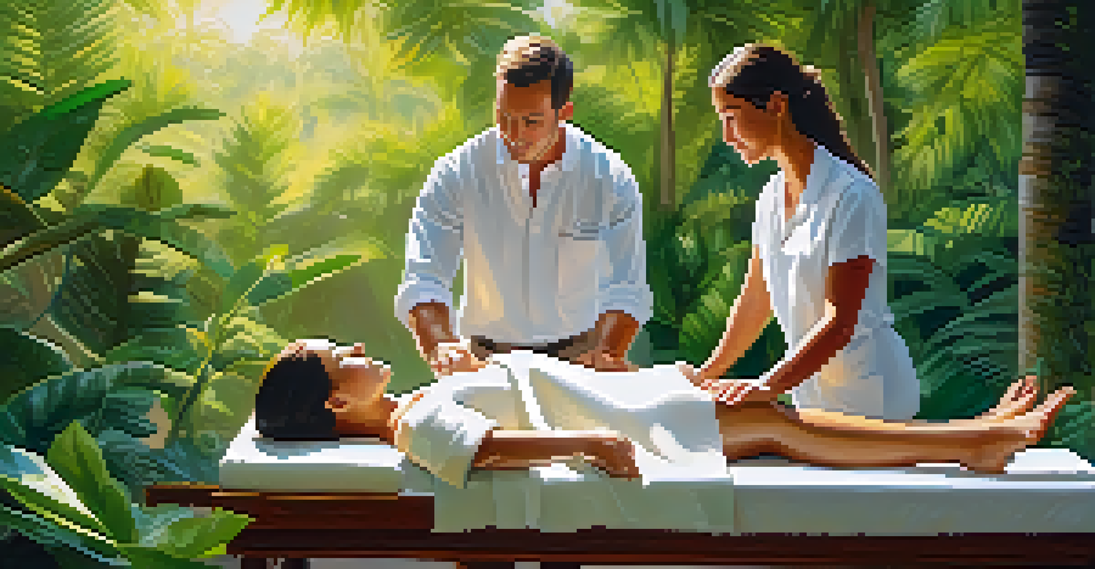 An outdoor massage in a garden setting, with a therapist and a client surrounded by greenery and sunlight.