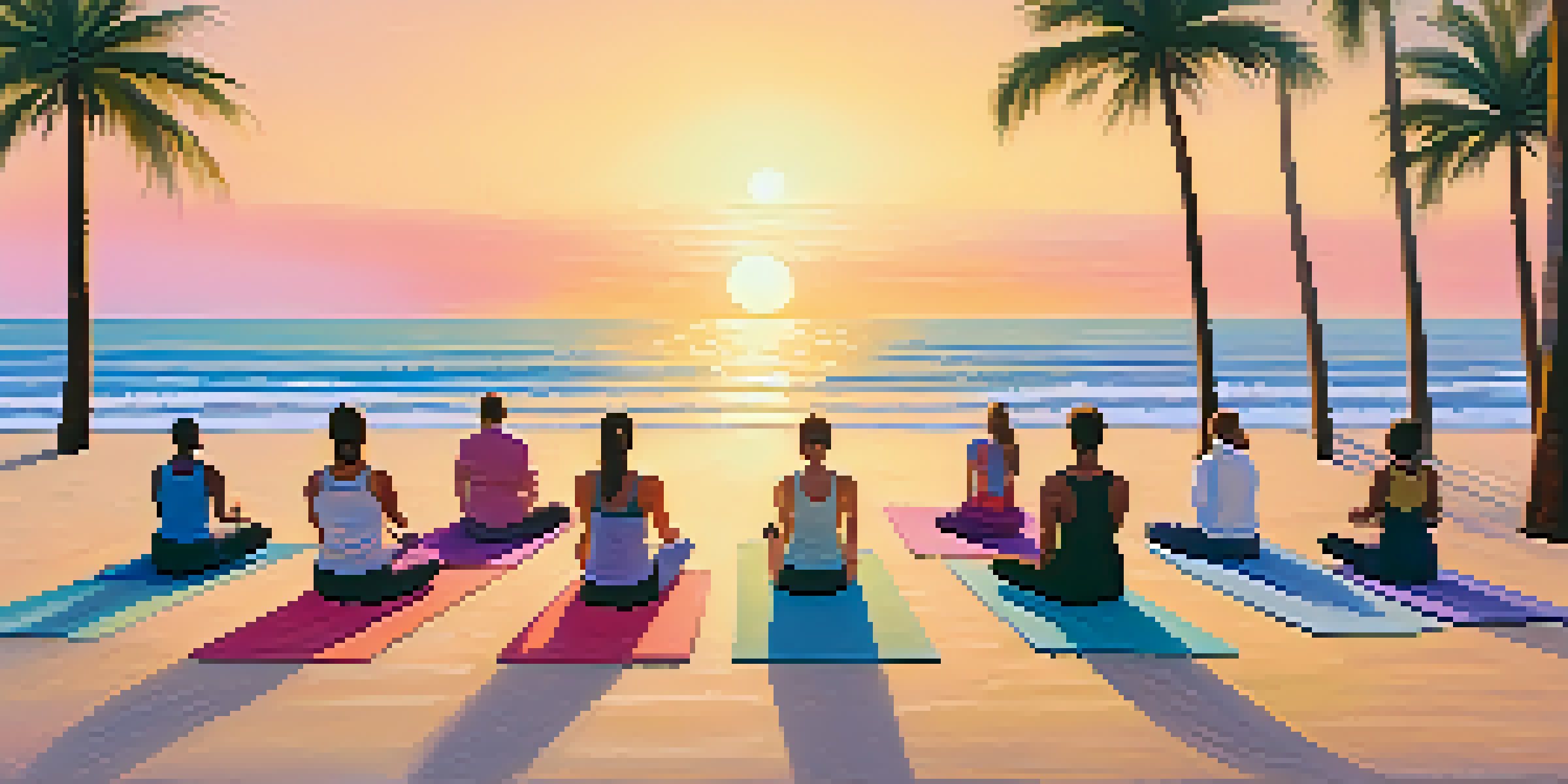 Participants practicing yoga on the beach at sunrise with colorful mats and a calm ocean in the background.