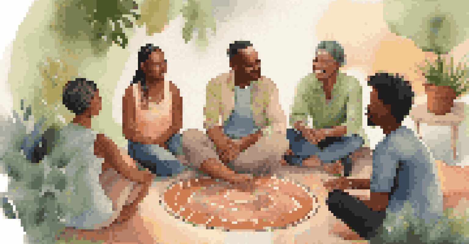 A group of diverse individuals in a circle sharing experiences in a supportive coaching session, surrounded by greenery.