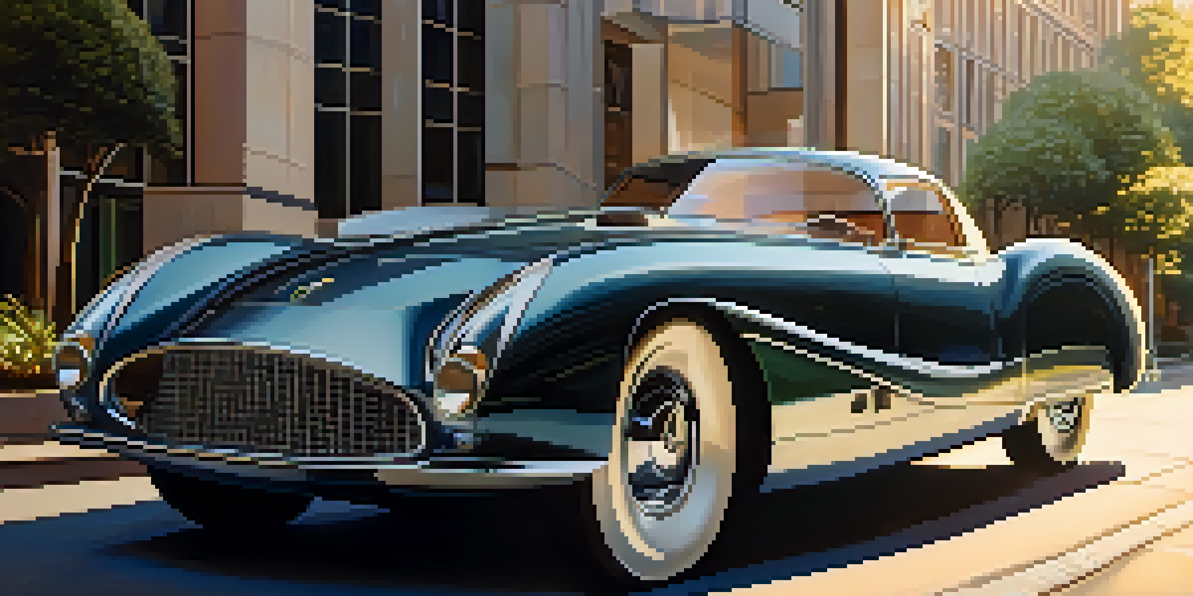 A luxurious modern car parked in an upscale urban setting during sunset, with reflections and shadows creating a warm atmosphere.