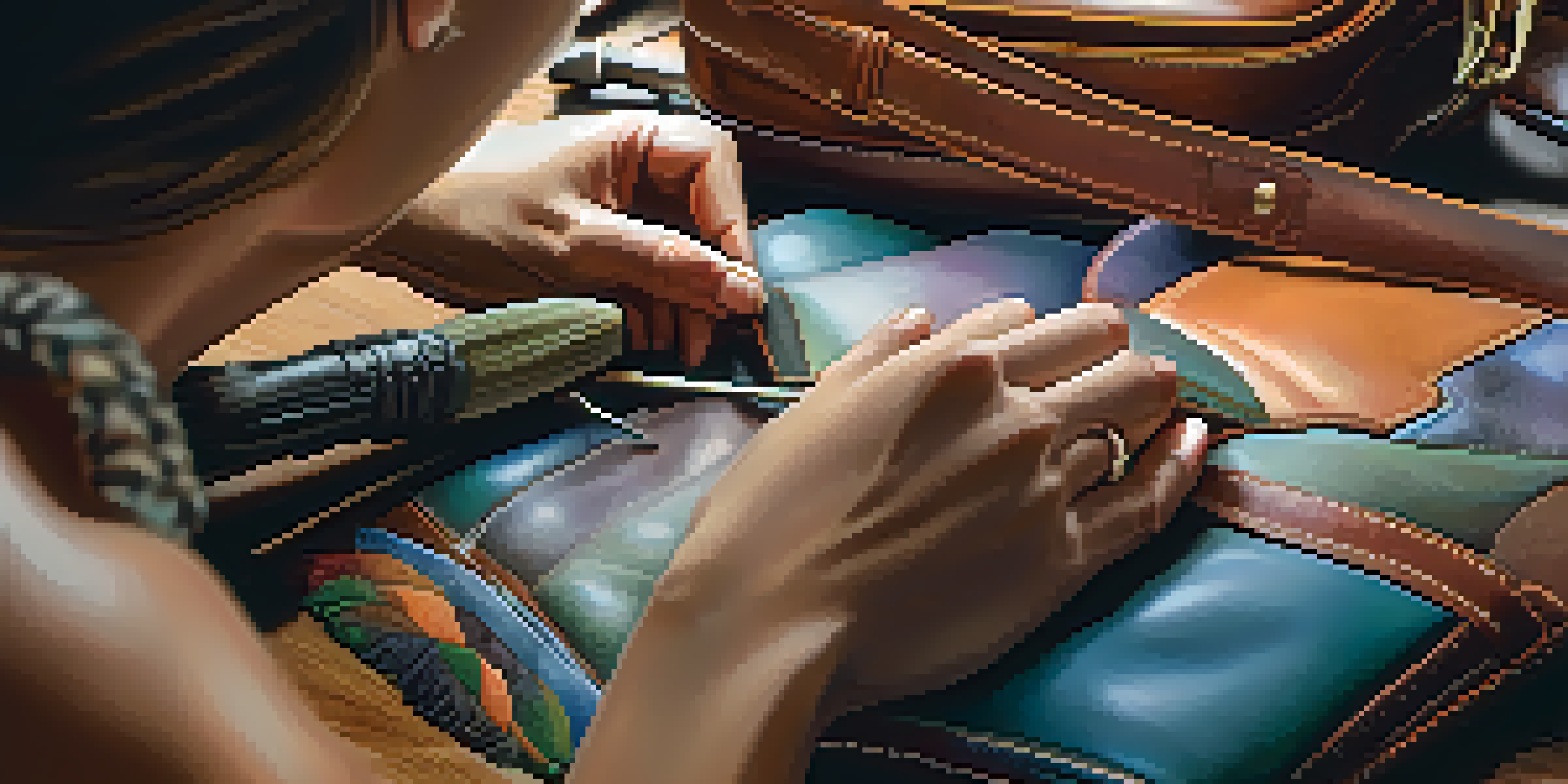 An artisan's hands stitching a leather handbag with various tools around, emphasizing the craftsmanship and leather texture.