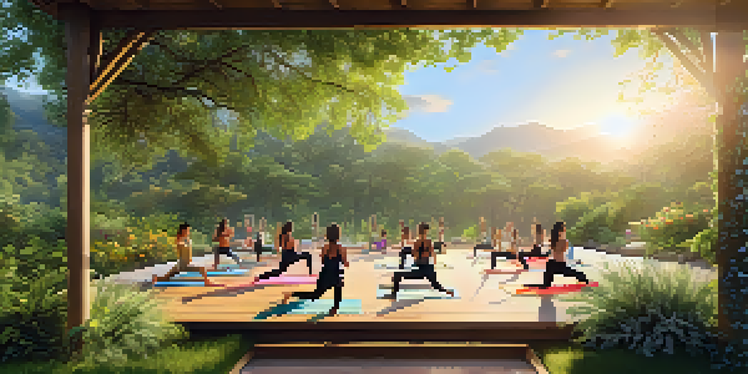 Participants practicing yoga on wooden decks in a lush green landscape during sunrise, with soft golden sunlight filtering through the trees.