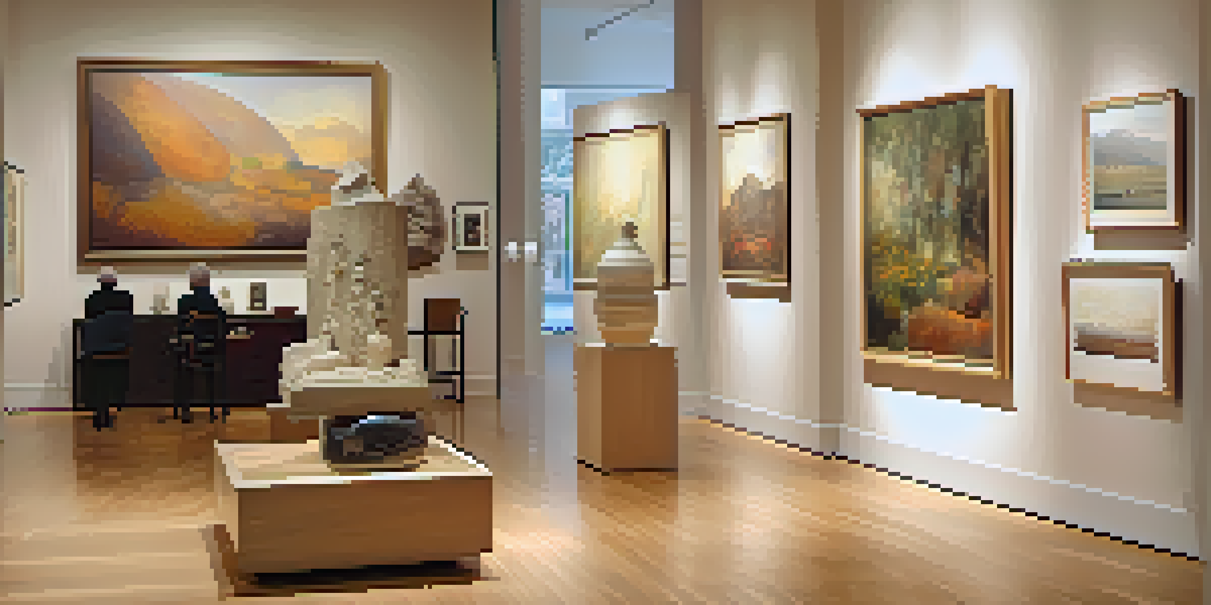 An art gallery with a large abstract painting and a sculpture, with natural light illuminating the warm interior.