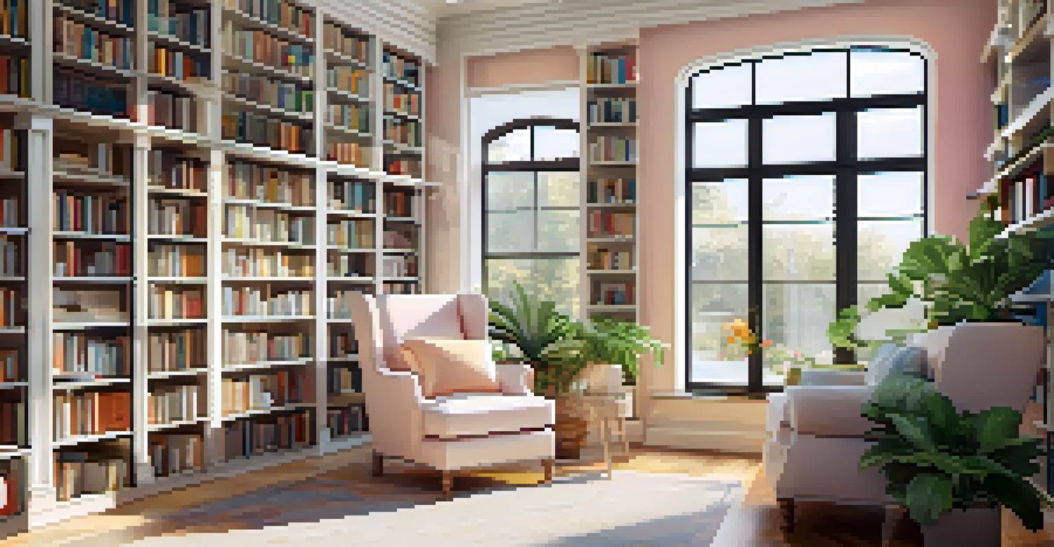 A spacious home library filled with sunlight, featuring light-colored bookshelves, a reading chair, and potted plants.