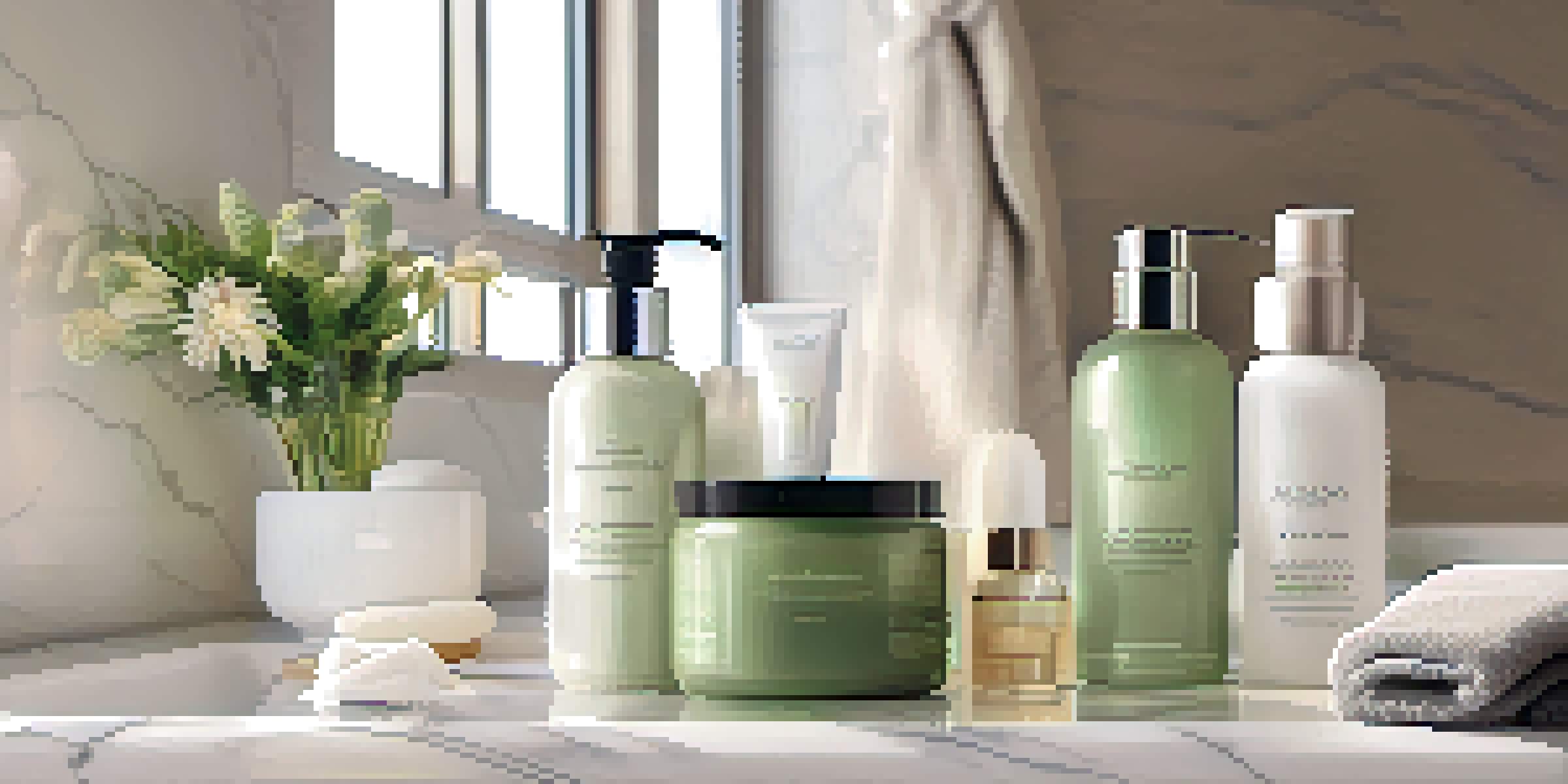 A calm bathroom setting with luxury skincare products on a marble counter, natural light, and a green plant.