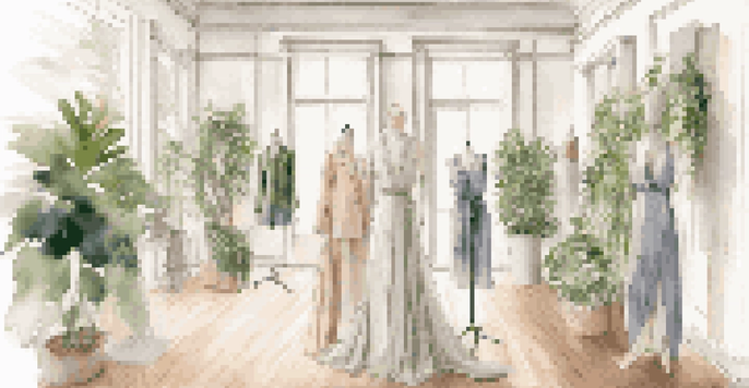 A sustainable outfit displayed on a mannequin in a chic boutique with natural decor and warm lighting.