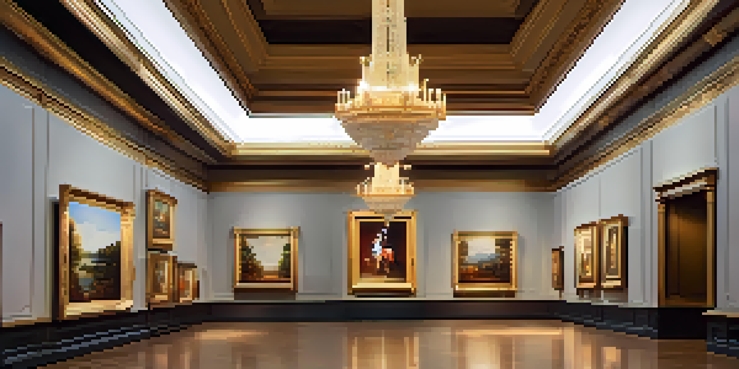 An elegant art gallery featuring a classic painting with gold frames and a beautiful chandelier.