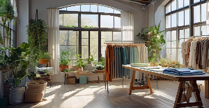 A fashion studio with eco-friendly fabrics, a designer sketching, and natural light coming through large windows.