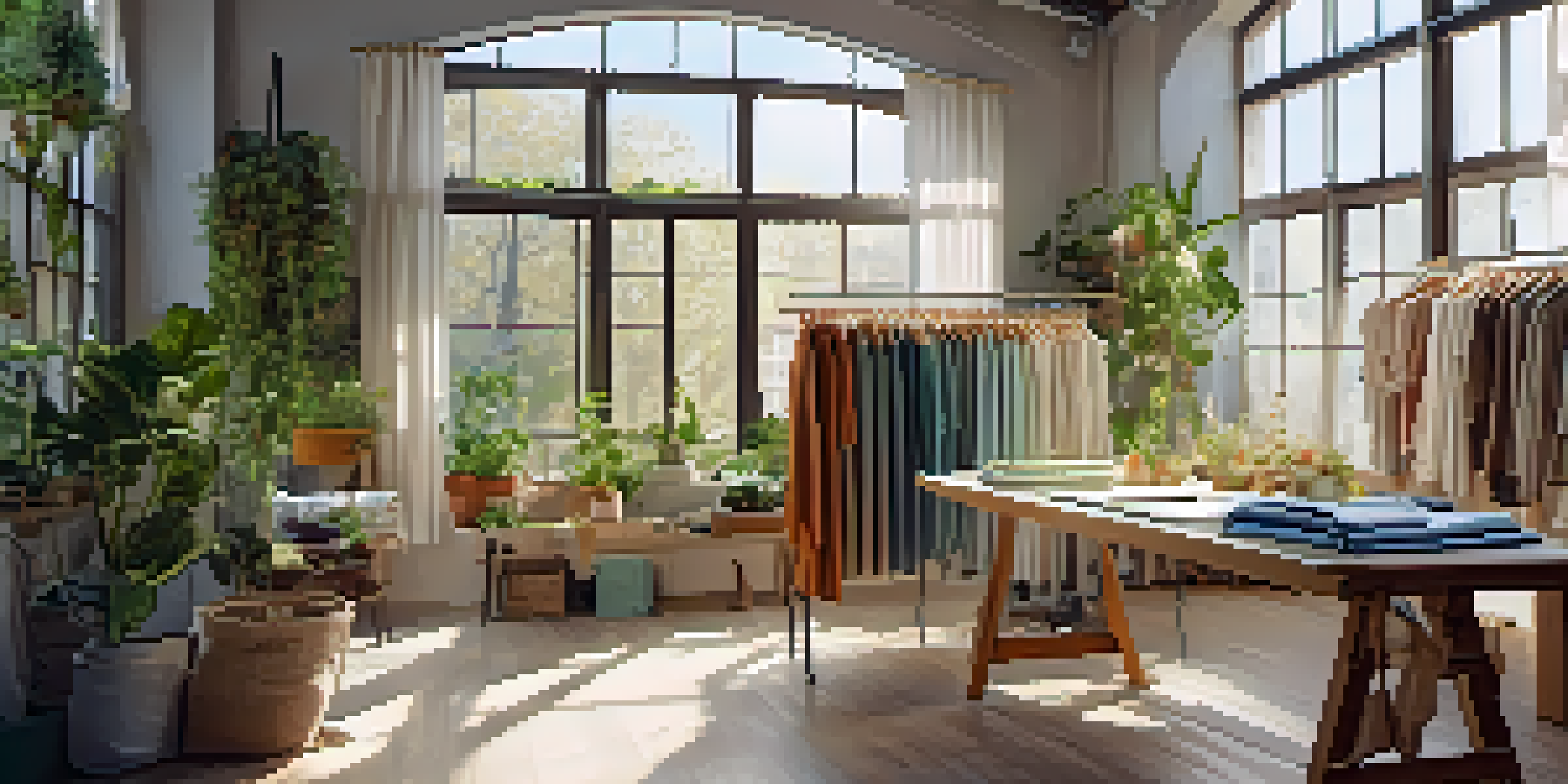A fashion studio with eco-friendly fabrics, a designer sketching, and natural light coming through large windows.
