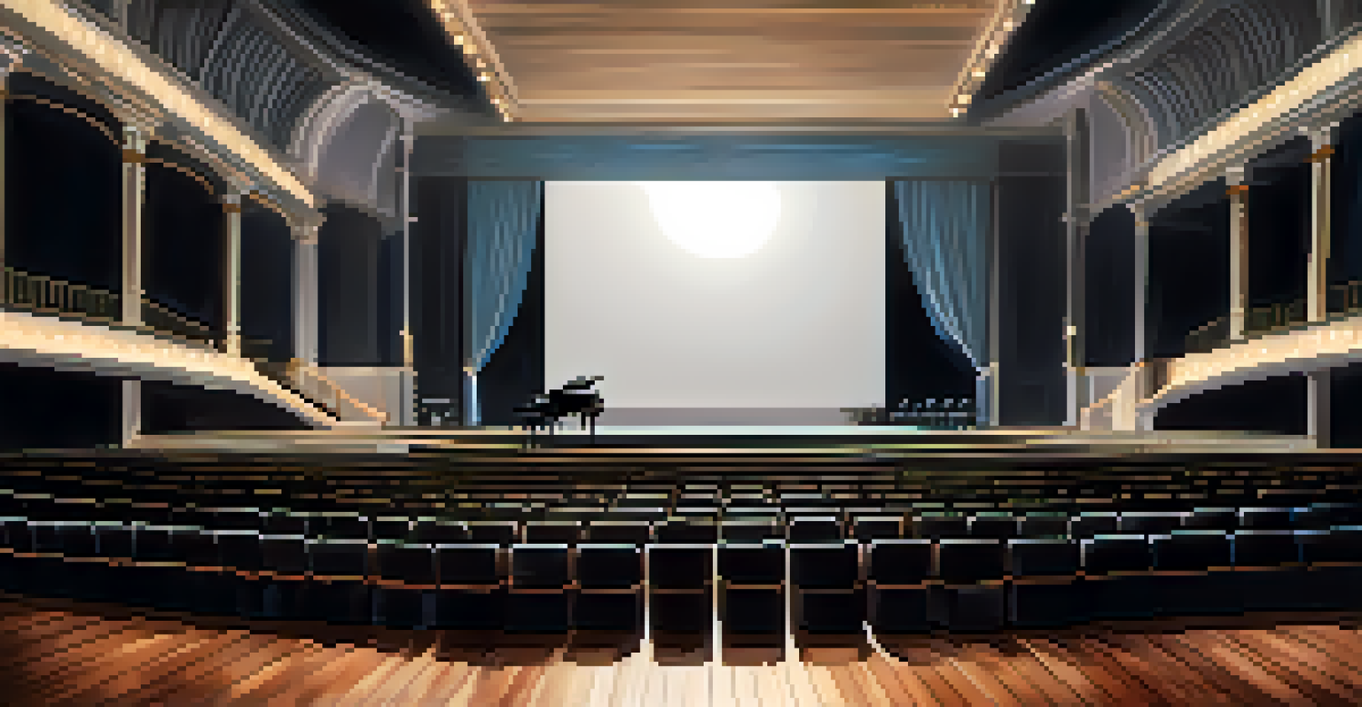 A modern concert venue with elegant stage setup and a stylish audience waiting for the performance, reflecting a luxurious experience.