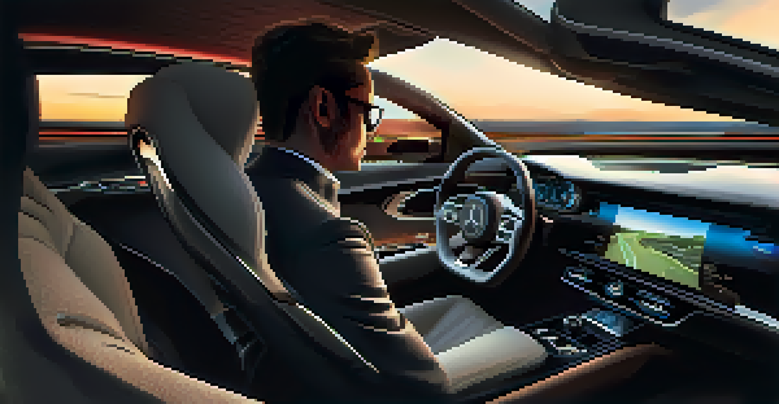 A driver in a luxury performance car interior made of eco-friendly materials, with ambient lighting and advanced infotainment technology.