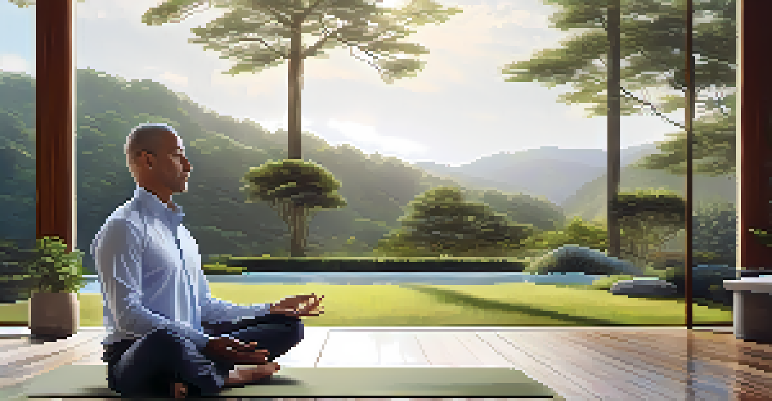 An executive meditating outdoors in a peaceful retreat setting surrounded by nature.