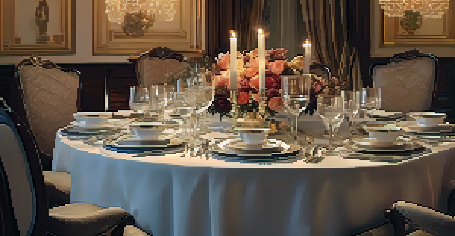 A beautifully set dining table for a luxurious dinner, featuring fine china and candlelight.