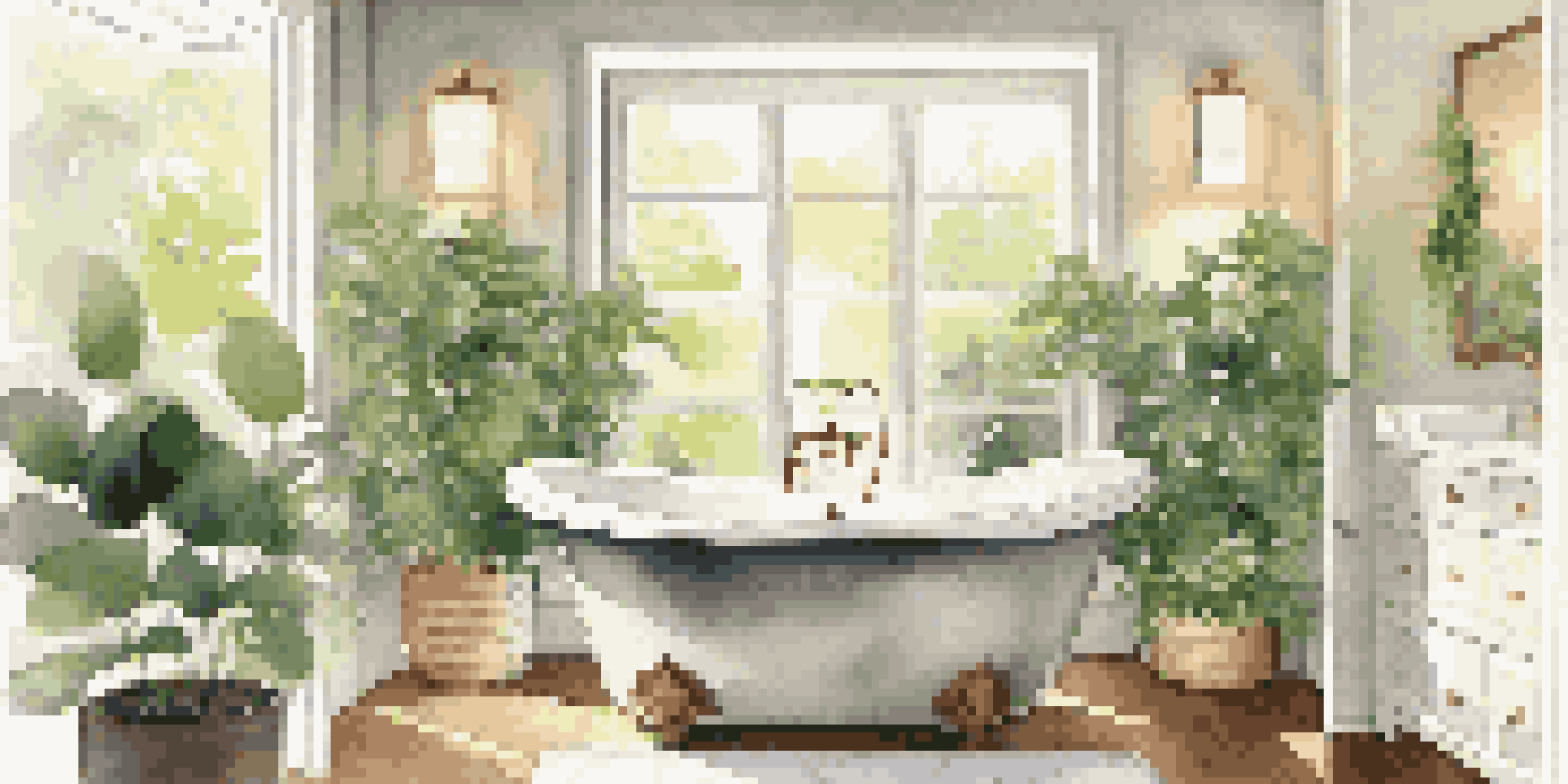 A bright bathroom with a freestanding soaking tub near a window, surrounded by greenery and soft lighting, creating a relaxing spa-like ambiance.