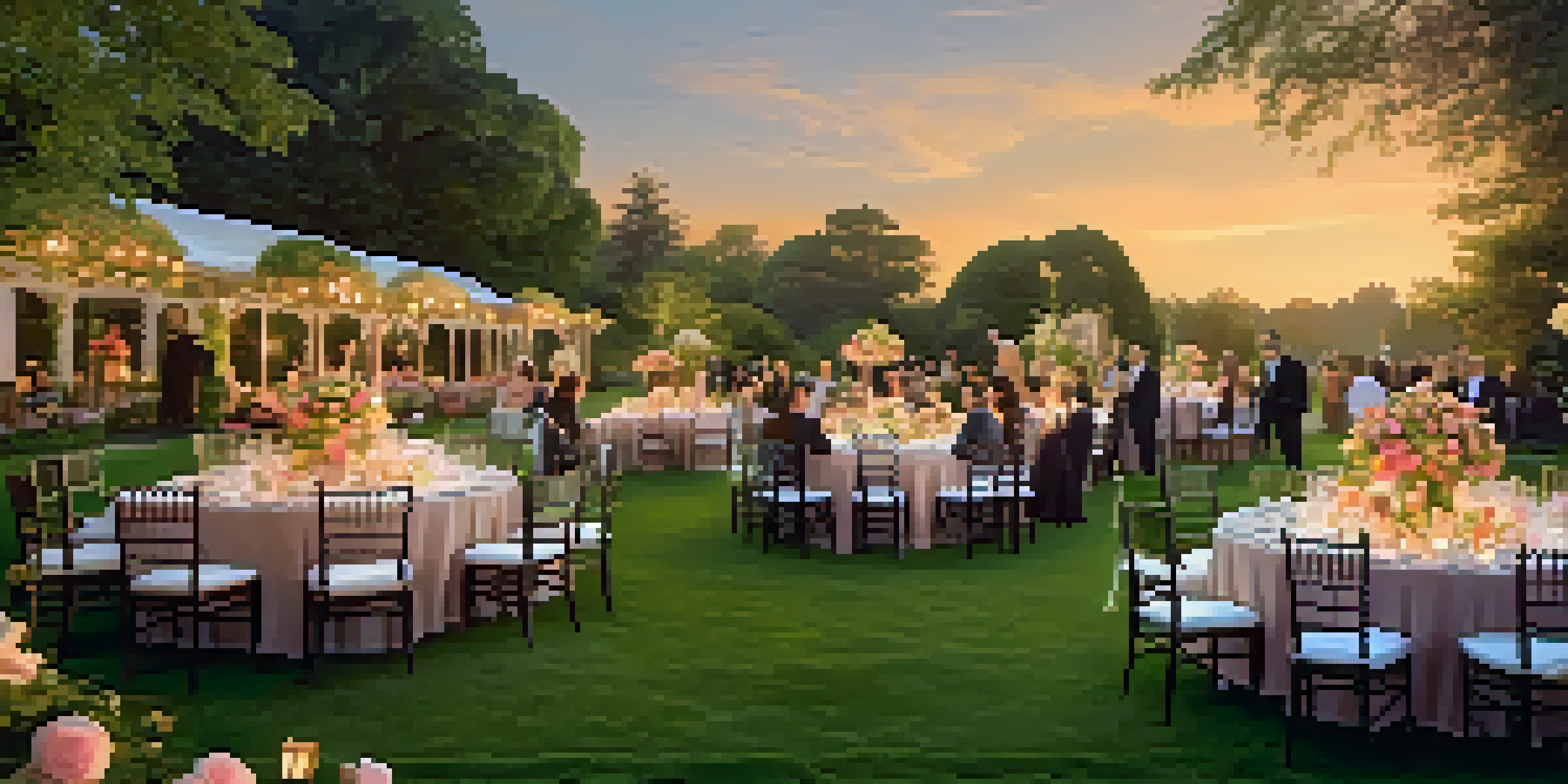 An elegant outdoor garden party at sunset with guests in formal attire, decorated tables, and beautiful floral arrangements.