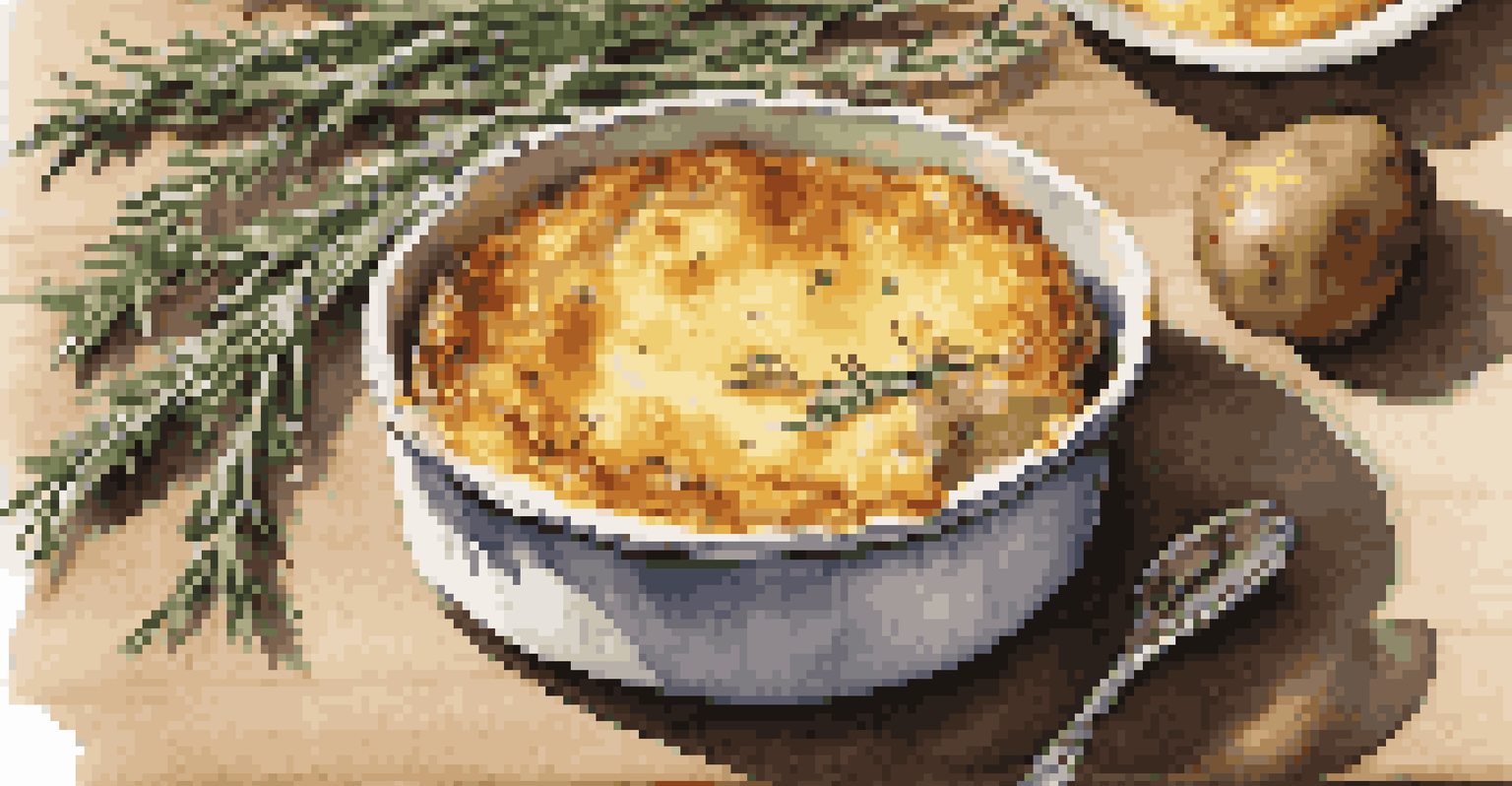 An individual potato gratin in a colorful ramekin, featuring a crispy top and creamy filling.