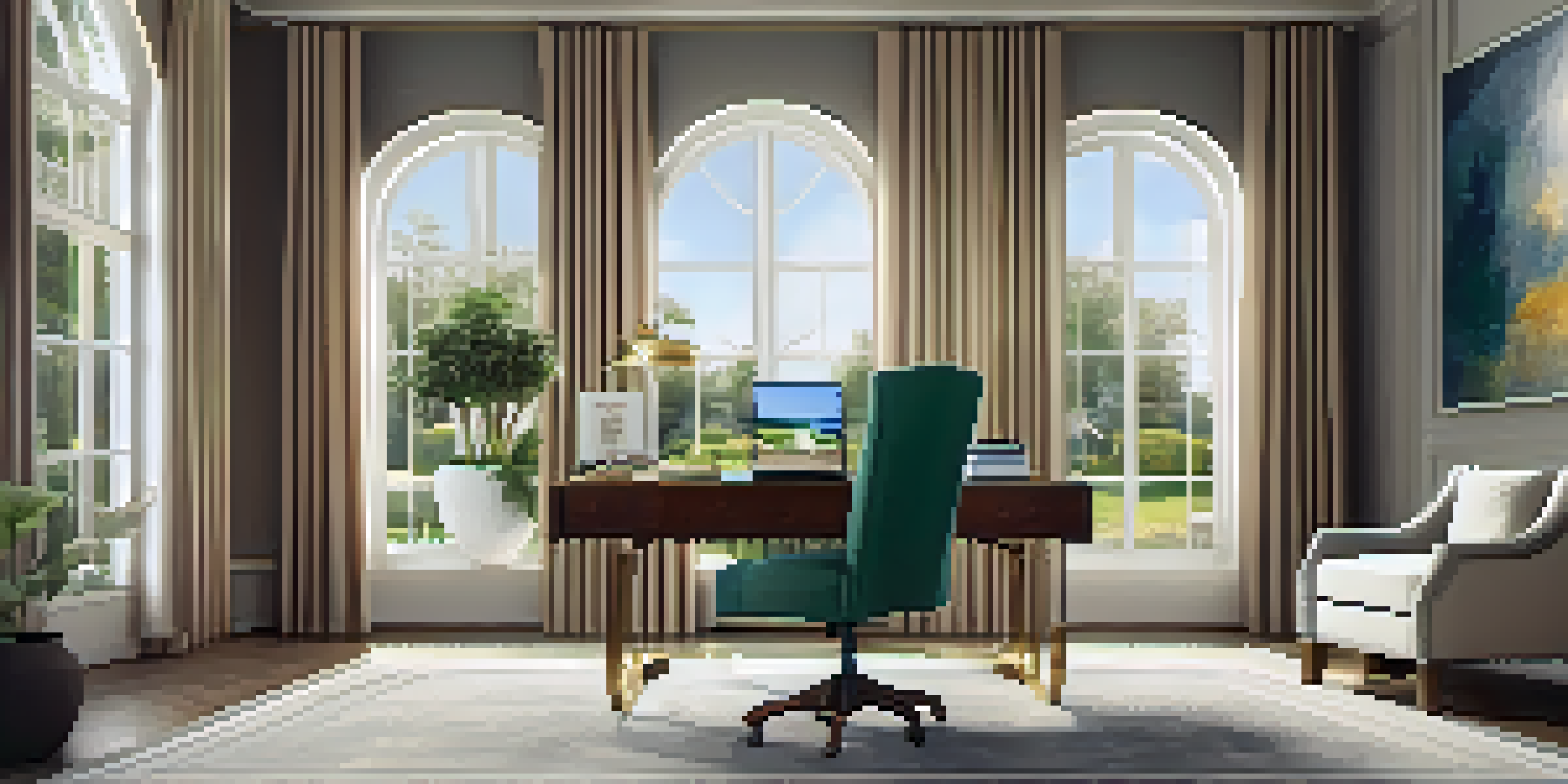 A sophisticated home office with a wooden desk, high-end stationery, and natural light coming through large windows, overlooking a garden.